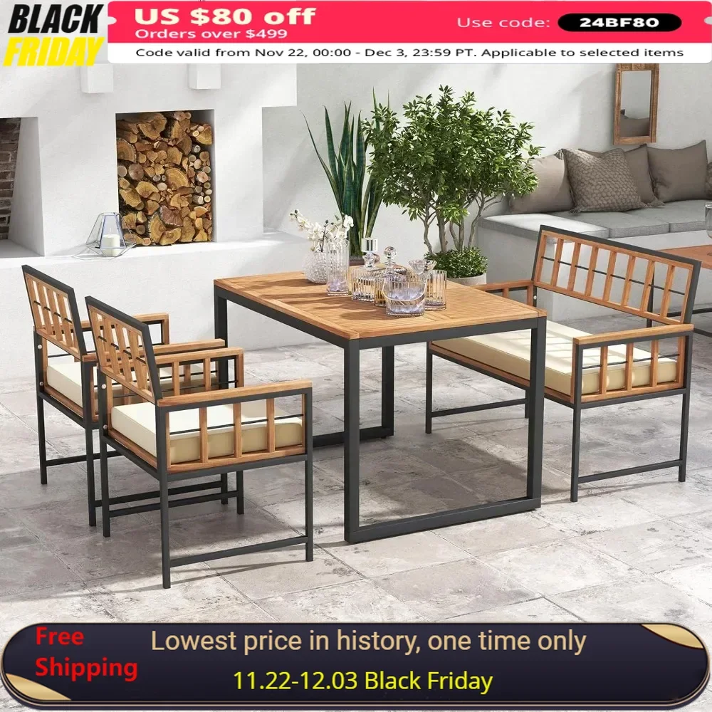 

4 Piece Patio Dining Table ,W/ 2 Chairs & 1 Loveseat, 47” Acacia Wood Table W/Umbrella Hole,Cozy Seat Cushions, Dining Table Set