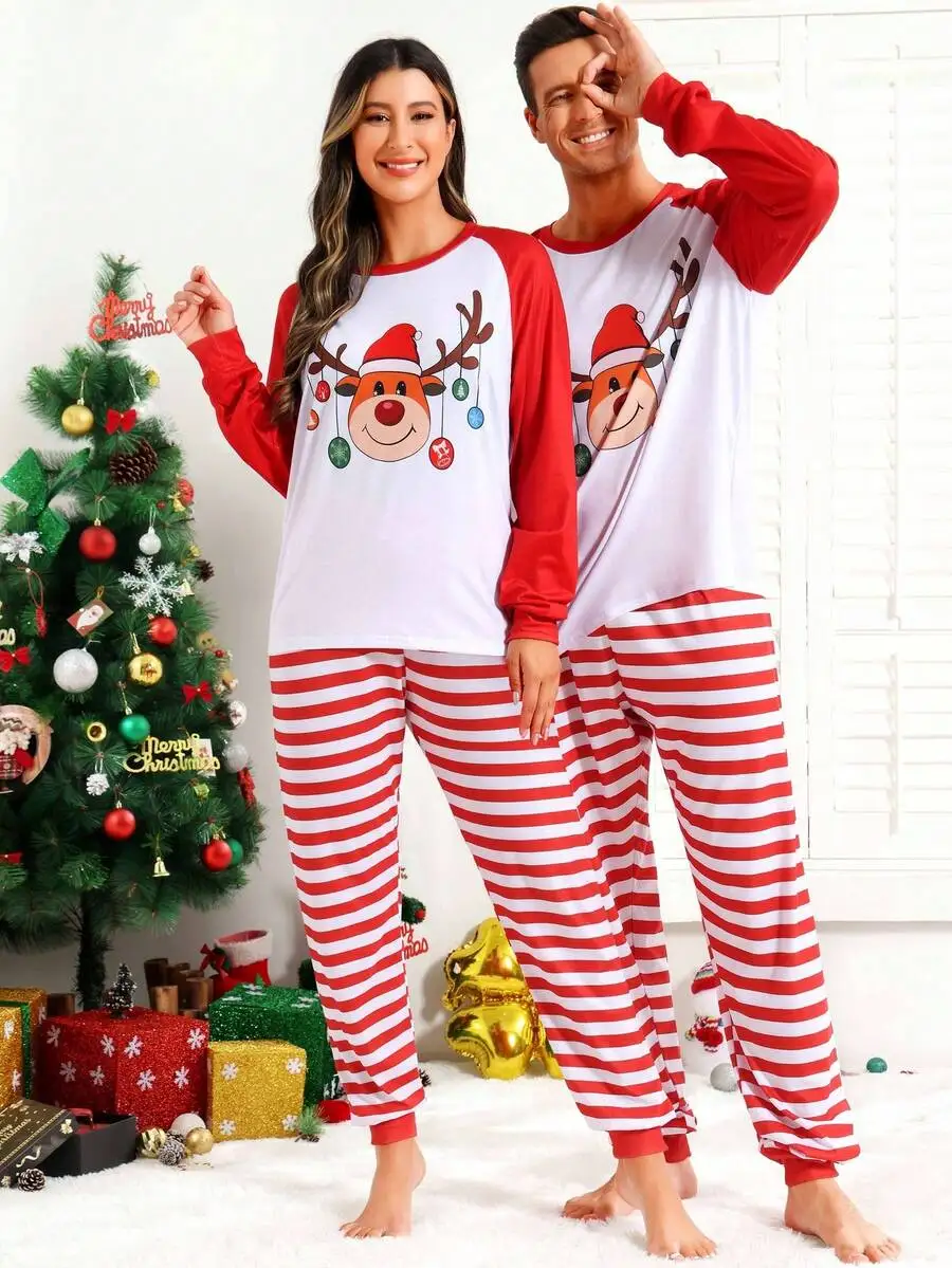 Christmas Couple Pajamas Set Reindeer Print Long Sleeve Top And Striped Pants