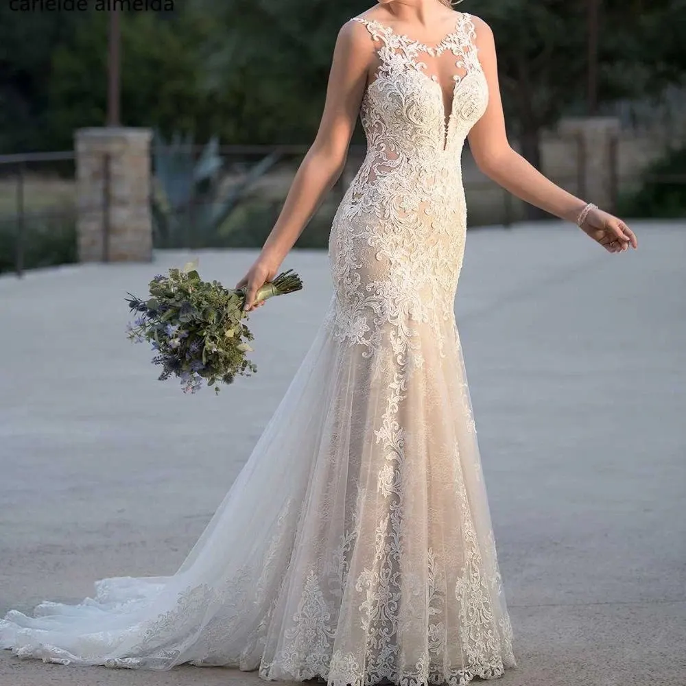 Customized Mermaid Lace Wedding Dress with Appliques Sexy Backless Bridal Gowns