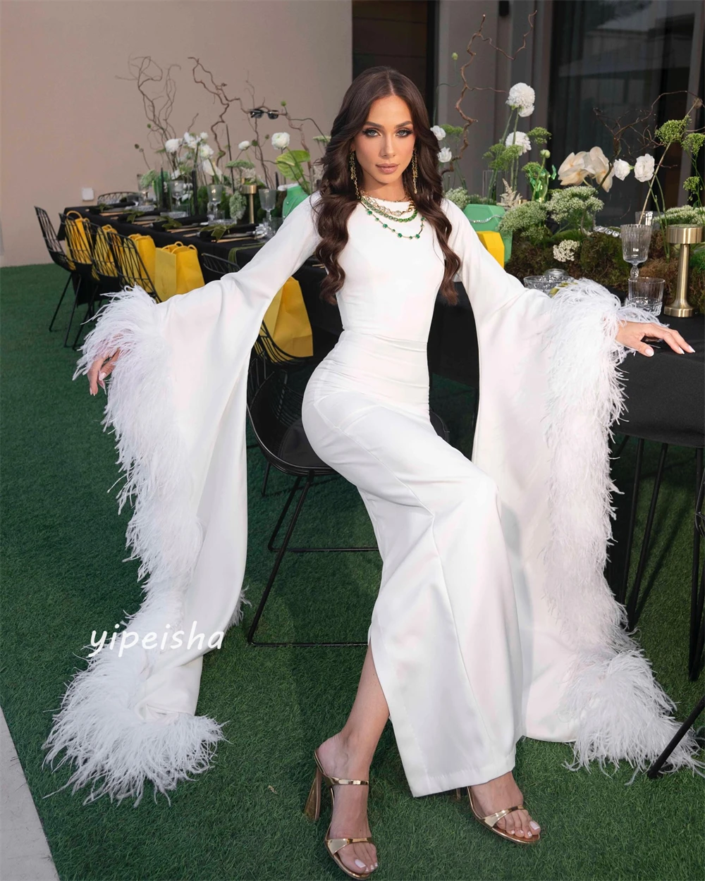 Jersey Feathers Draped Pleat Ruffles Beach Sheath O-Neck Bespoke Occasion Gown Long Dresses