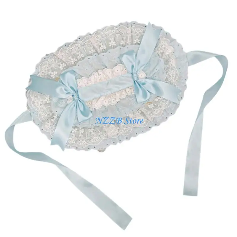 

T21F Handwoven Straw Bonnet Hat Breathable Lace Bowknot Flat Hat For Outdoor Dining Adventure Teaparty Accessories Headwear