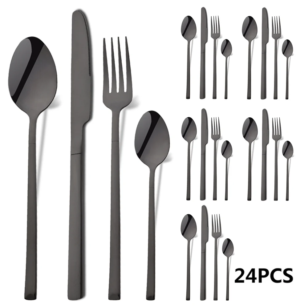 

24Pcs/Set Upscale Black Dinnerware Set Stainless Steel Tableware Knife Fork Coffee Spoon Flatware Dinner Cutlery Set Silverware