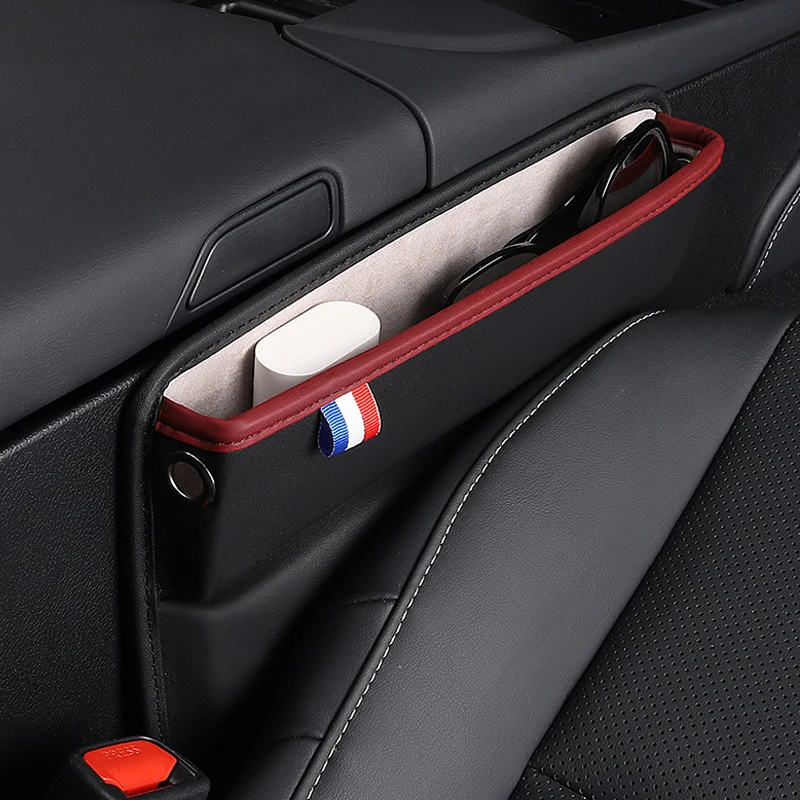 PU Leather Car Seat Gap Organizer Car Front Seat Side Bag for Cellphone Keys Glasses Reserved Charging Cable Hole Phone Holder