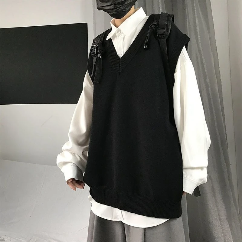 

Men's Autumn Solid Color Loose V Neck Knitted Sweater Vest Korean Style Trendy Sleeveless Cardigan Outerwear