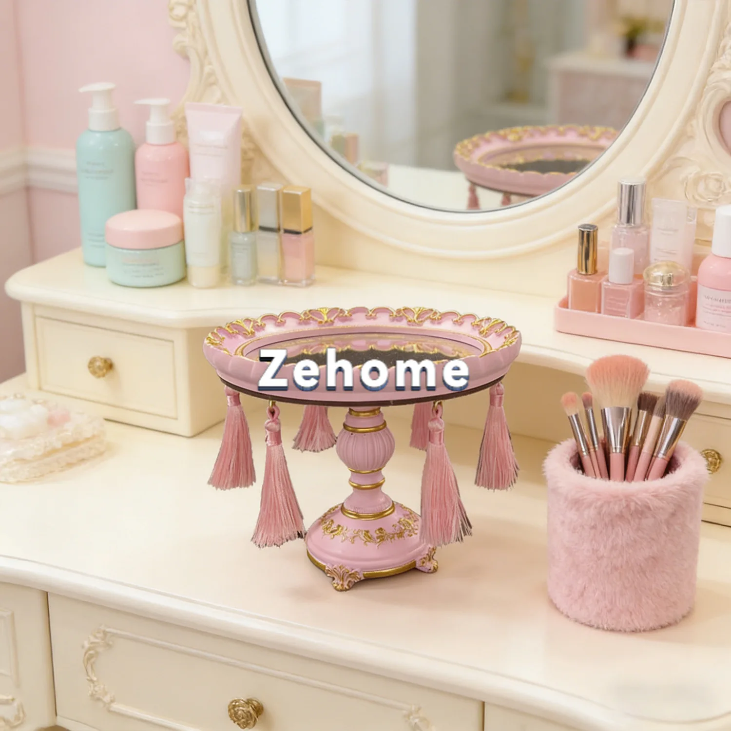 French Pink Baroque Candlestick Scented Candle Base Wide Mouth Tray Resin Home Furnishing Premium Court Style Ornament