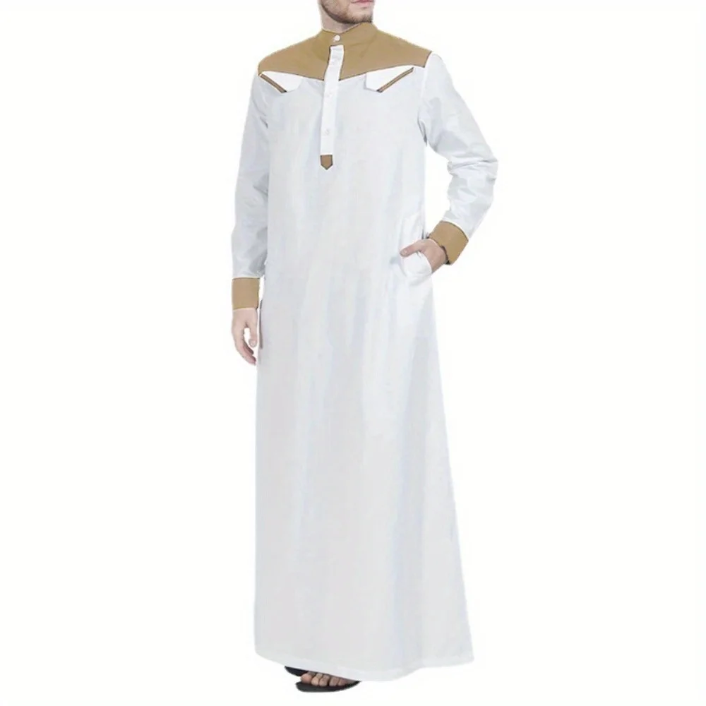 Breathable Color Block Muslim Long Dress for Men Comfortable Loungewear with Relaxed Fit