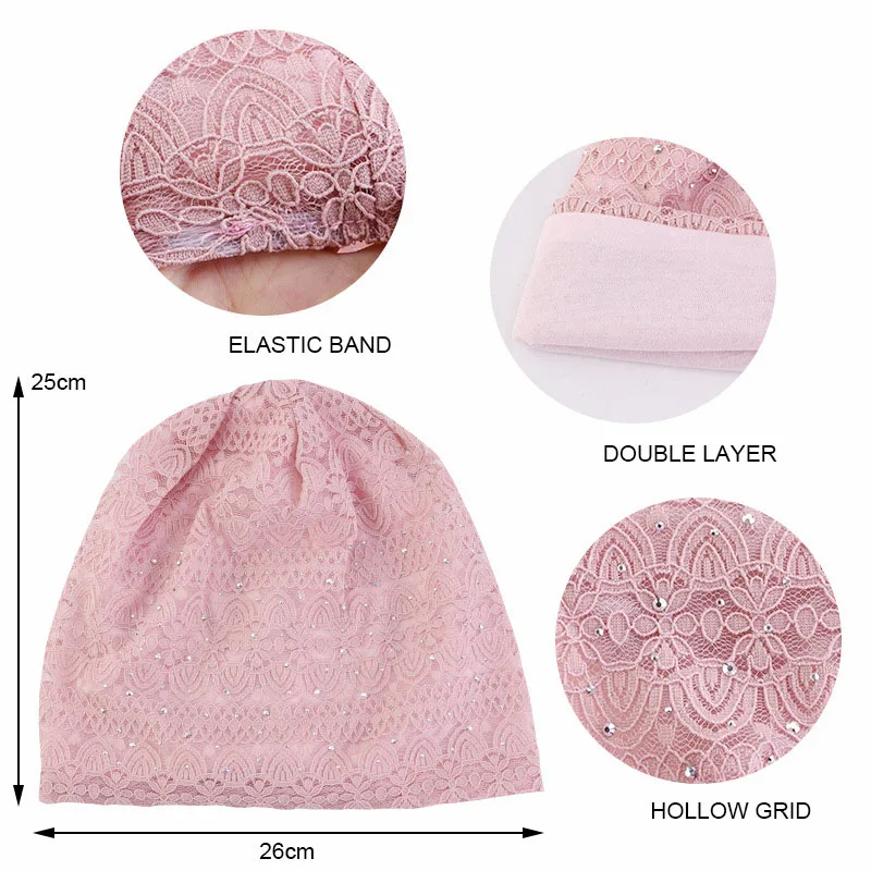 Turbante elástico para mujer, Hijab musulmán de encaje con diamantes de imitación, gorros de noche para dormir, gorro de quimio, bufanda para mujer, gorro holgado