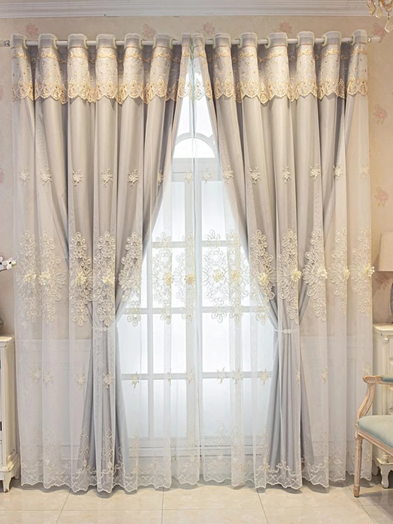 New embroidery curtain full shading cloth yarn one double bay window living room bedroom pastoral style simple gauze curtain