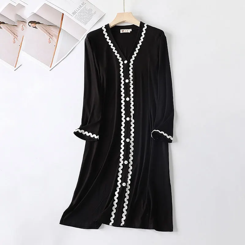 2024 Modal homewear Nightdress Dress women\'s Long-Sleeved mid-length Pajamas Spring, Autumn Loose High-end Robes Sleepshirts