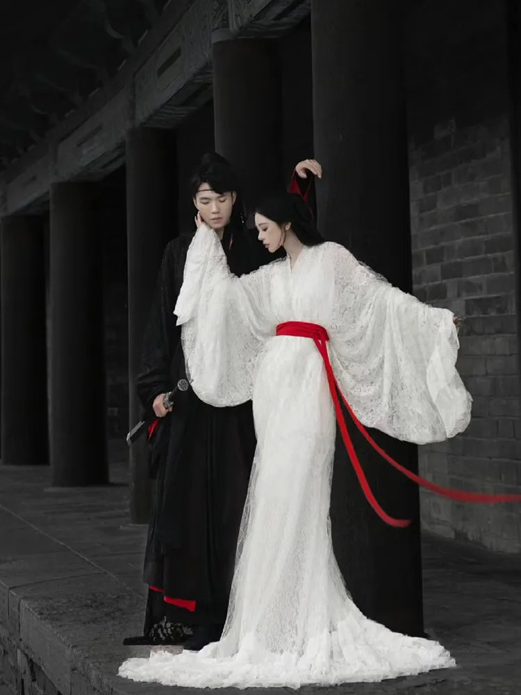

White lace Warring States robe Hanfu women's 2026 new cold sense fairy ancient clothing trailing straight train big sleeve shirt