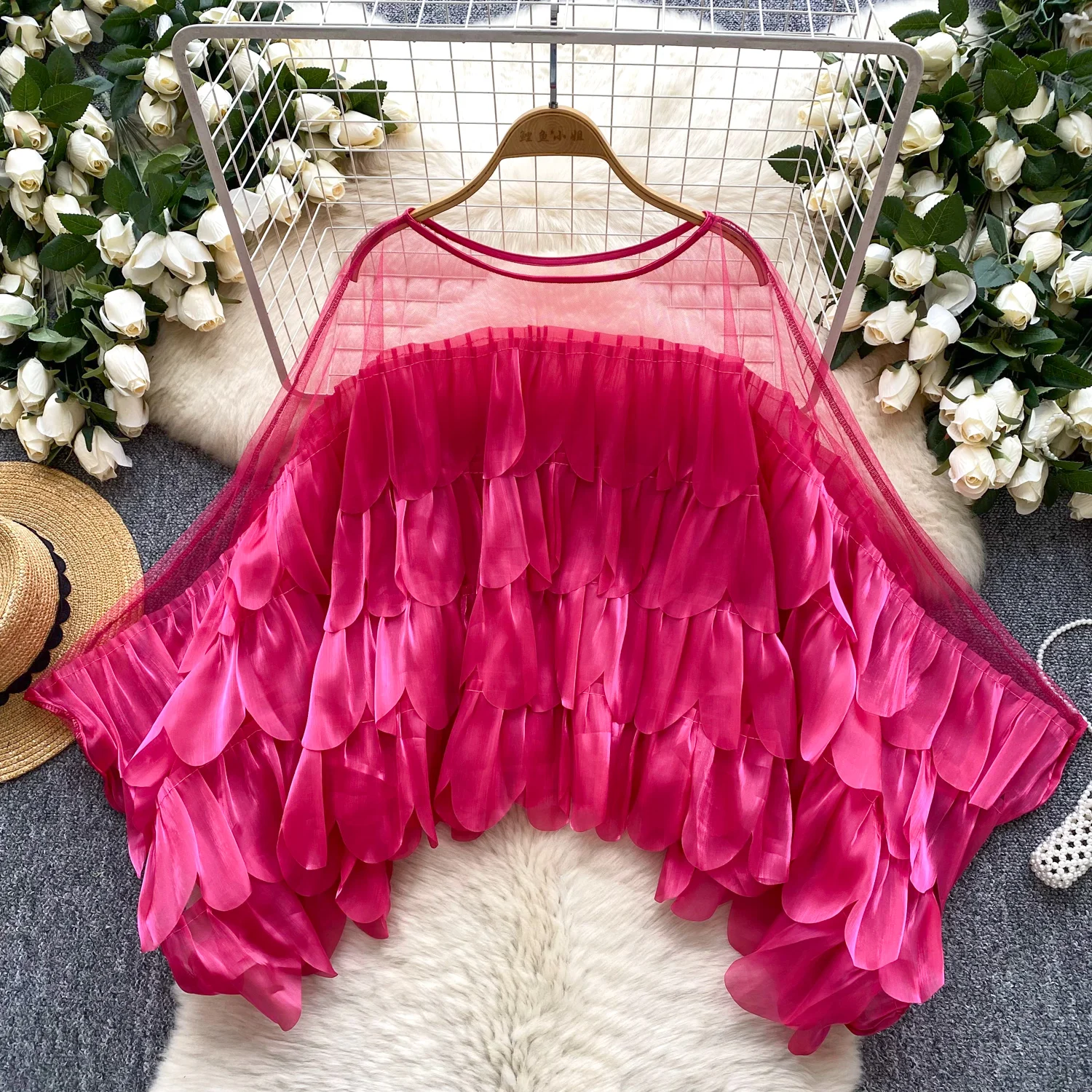 Mesh Splice Design 3D Ruffles Casual Shirt Summer Loose Blouse Women O Neck Batwing Sleeves Sheer Bohemian