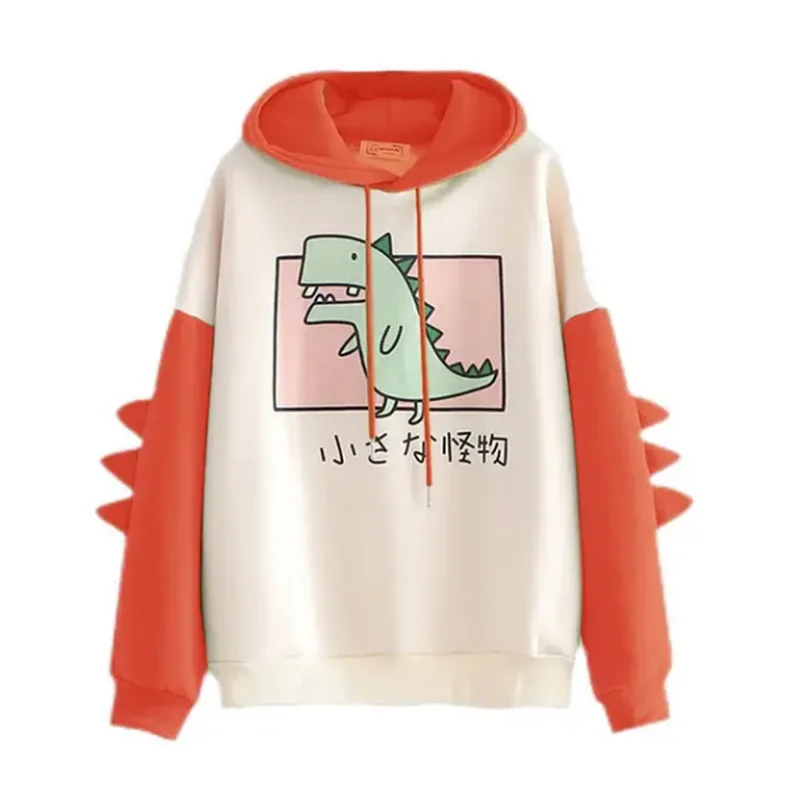 Moletom bonito de dinossauro feminino, moletom de manga comprida, estampa casual, estilo coreano, tampos de emenda, roupa kawaii, moda