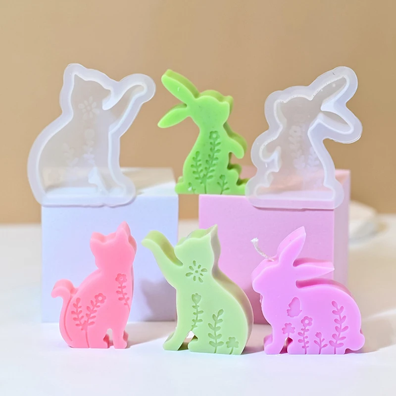 1/7 Uds molde de silicona de conejo de Pascua flor hueca impresa gato conejito vela molde de silicona resina moldes de yeso manualidades Diy decoración del hogar