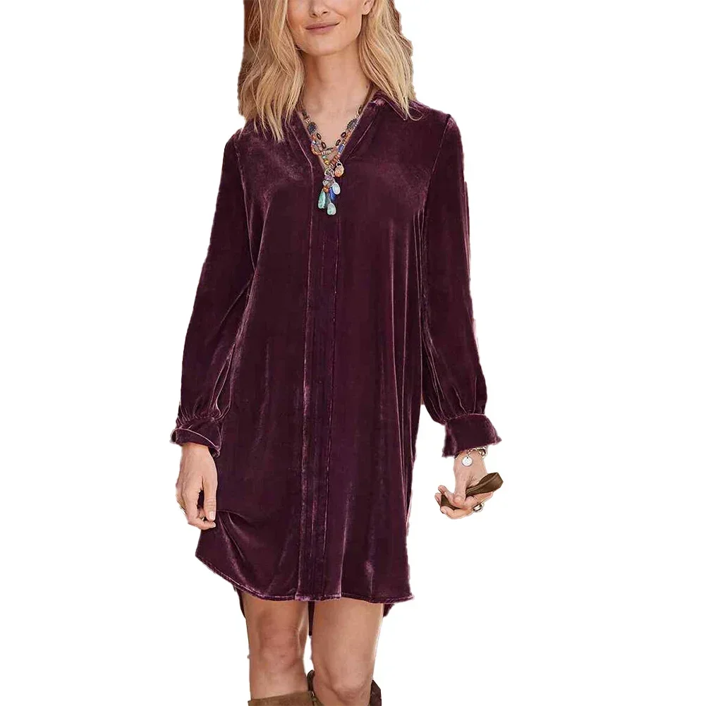 Women Velvet Long Sleeve Dress  Stretch Party Dress  Pullover Blouse  V Neck  Solid Color  Wine Red/Navy/Light Blue