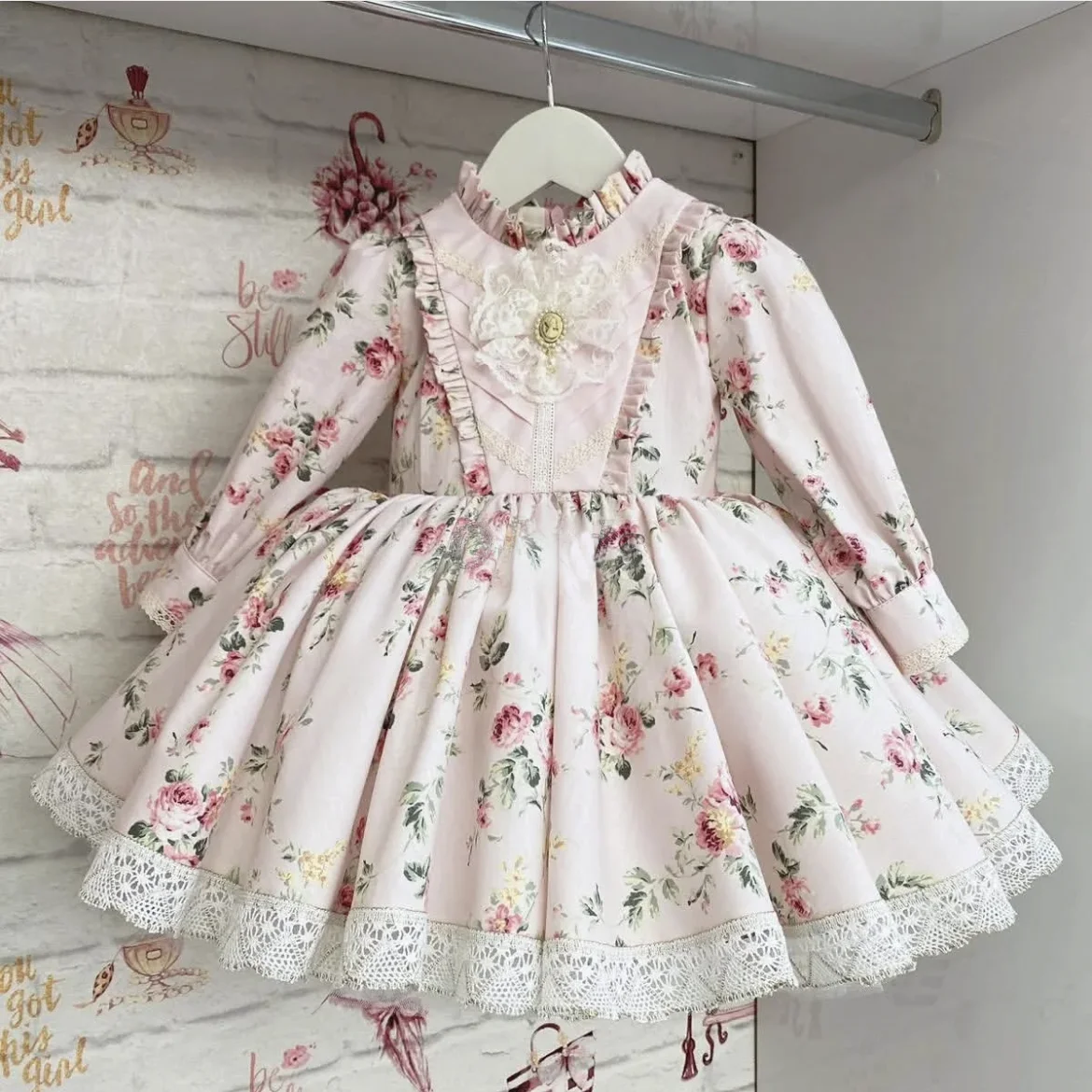 

Baby Girl Autumn Pink Bow Printed Turkish Vintage Princess Ball Gown White Dress for Birthday Holiday Casual Eid Photography C29