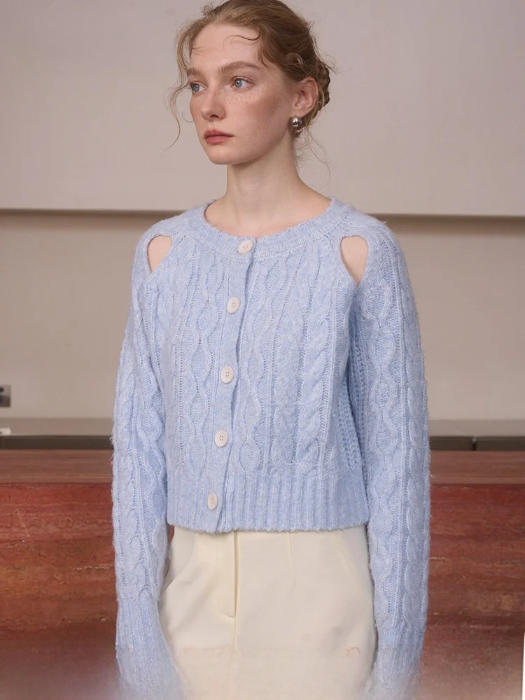 

Hamere Gentle Dopa Blue Knit Sweater Aosphere Hollow out oulder Design Open Cardigan Outerwear Women's Faion