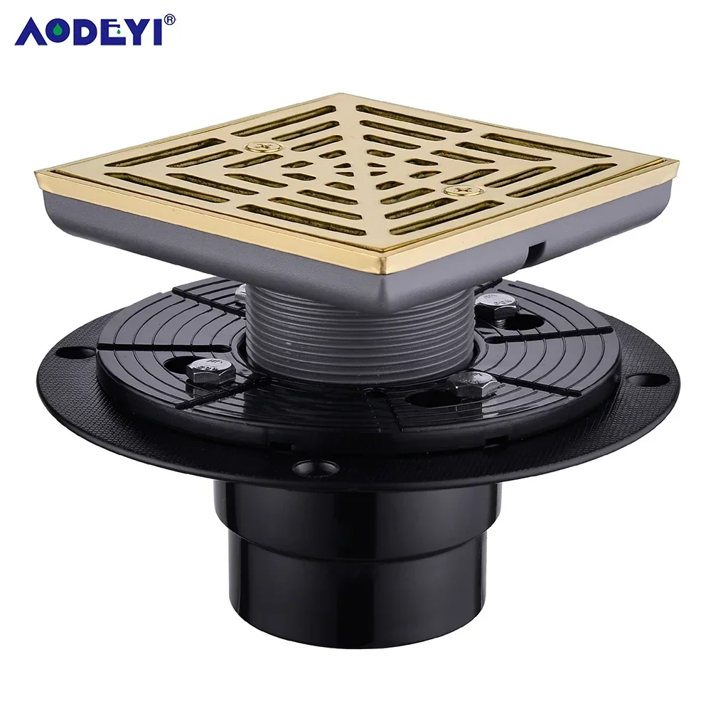 Brushed Gold Stainless Steel Square Shower Grate Waste Floor Drain Outlet Black Grates Bathroom Drains Strainer Flanges Coupling