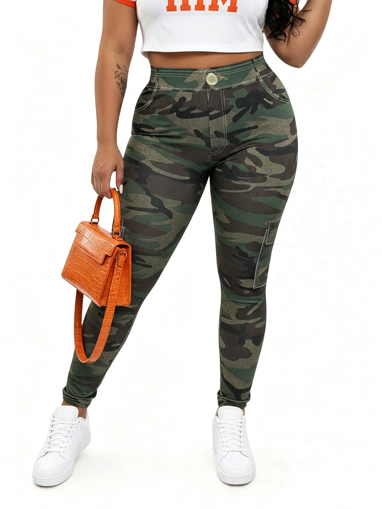 Plus Size Women All Over Camo Print Leggings Low Waist Stretch Skinny Faux Cargo Pockets Casual Daily Bodycon Trousers