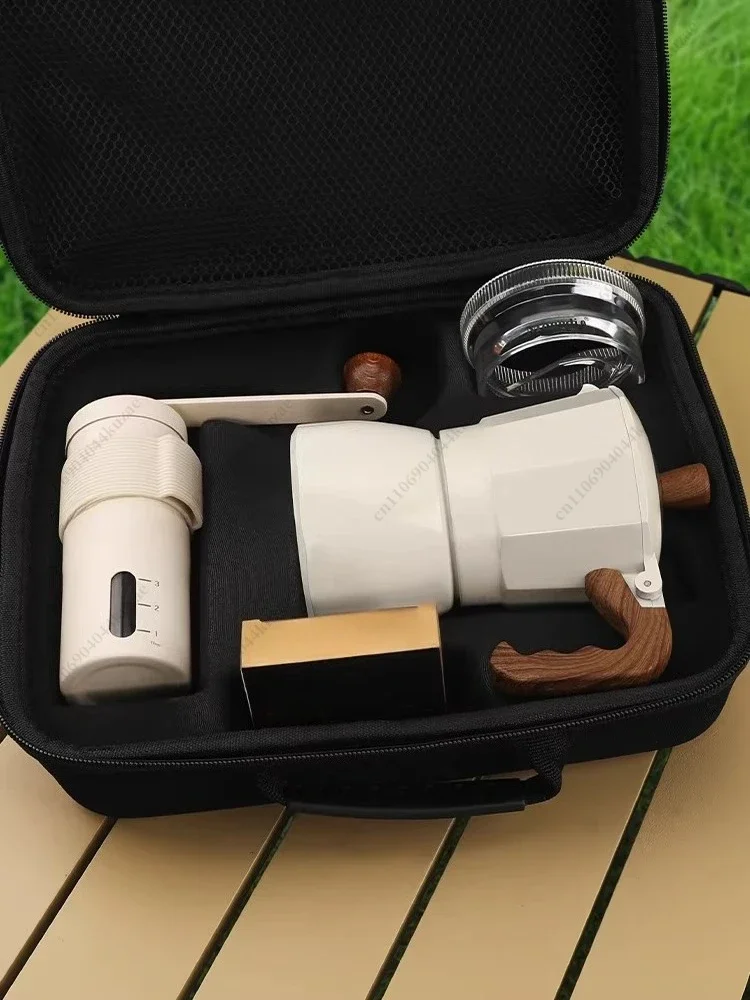 FMT Dual-Valve Moka Pot Set - Portable Outdoor Camping Italian Coffee Maker with Manual Grinder