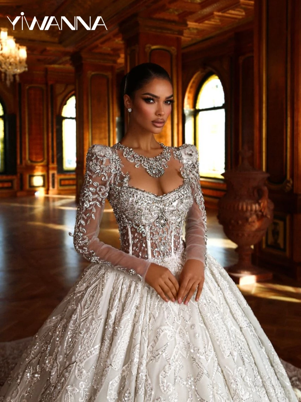 

Silver Exquisite Crystals Ball Gown Wedding Dress Illusion Long Sleeve Bridal Gown New Customized Graceful Dresses For Bride