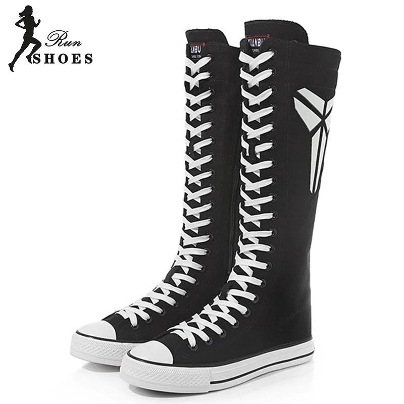 Women Knee-High Long Equestrian Boots Slim Cross-tied Luminous Fluorescent Canvas Punk Round Toe Ladies Cheerleaders Dance Shoes