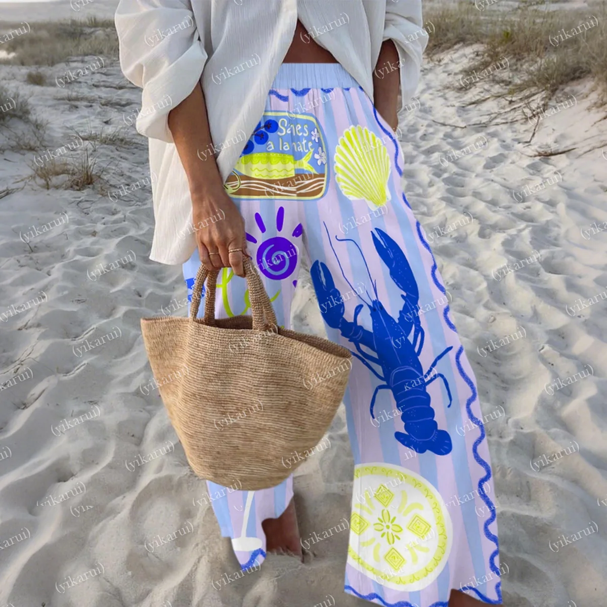 Creative Crayfish Bottom Pattern Summer Casual Pants Loose Sports Wide Leg Pants Fashion Ocean Elements Casual Pants Straight