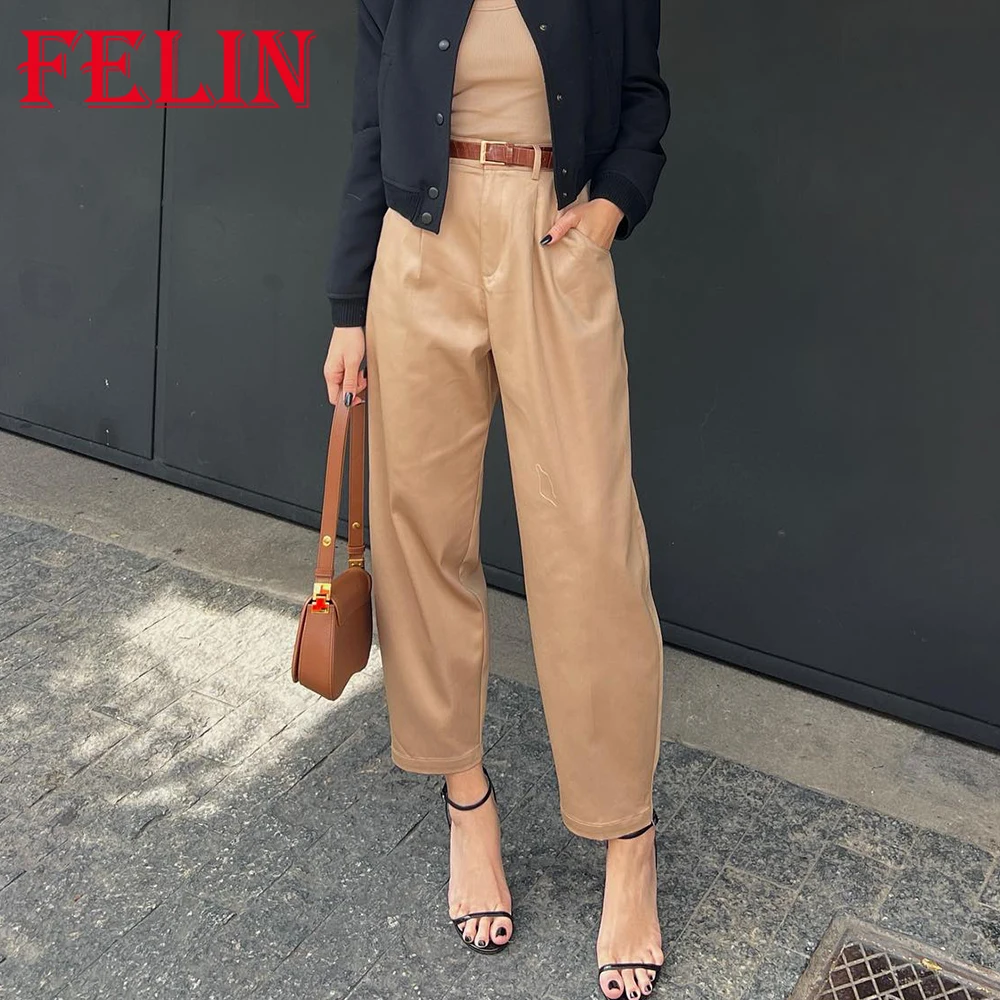 TRAFZA 2023 Autumn Women Casual Pants Zipper High Waist Belt Pockets Loose Long Pants Office Lady Fashion Female Solid Trousers