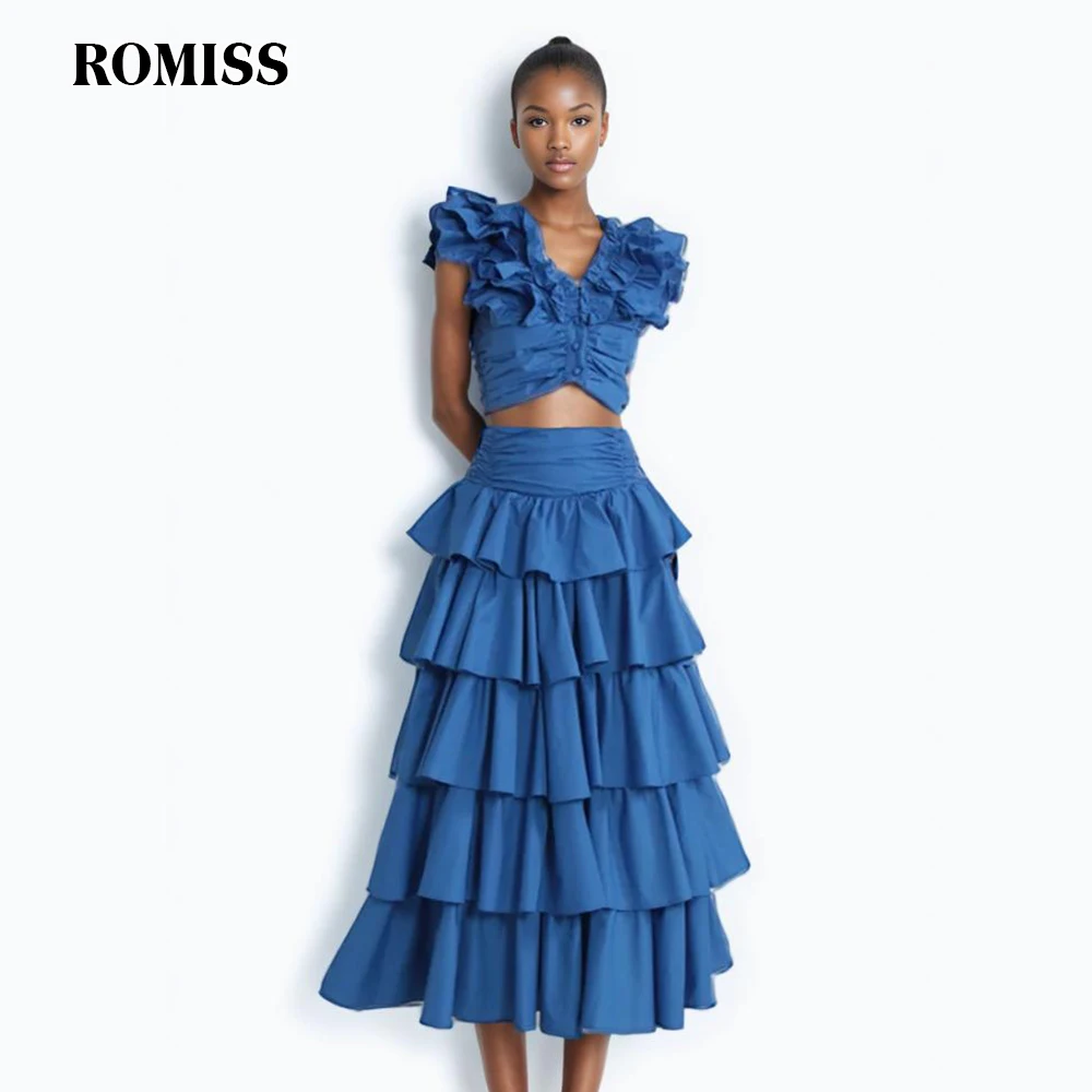 ROMISS Spliced Ruffles Two Piece Sets For Women V Neck Sleeveless Tops High Waist Loose A Line Skirt Summer Designer Set Female