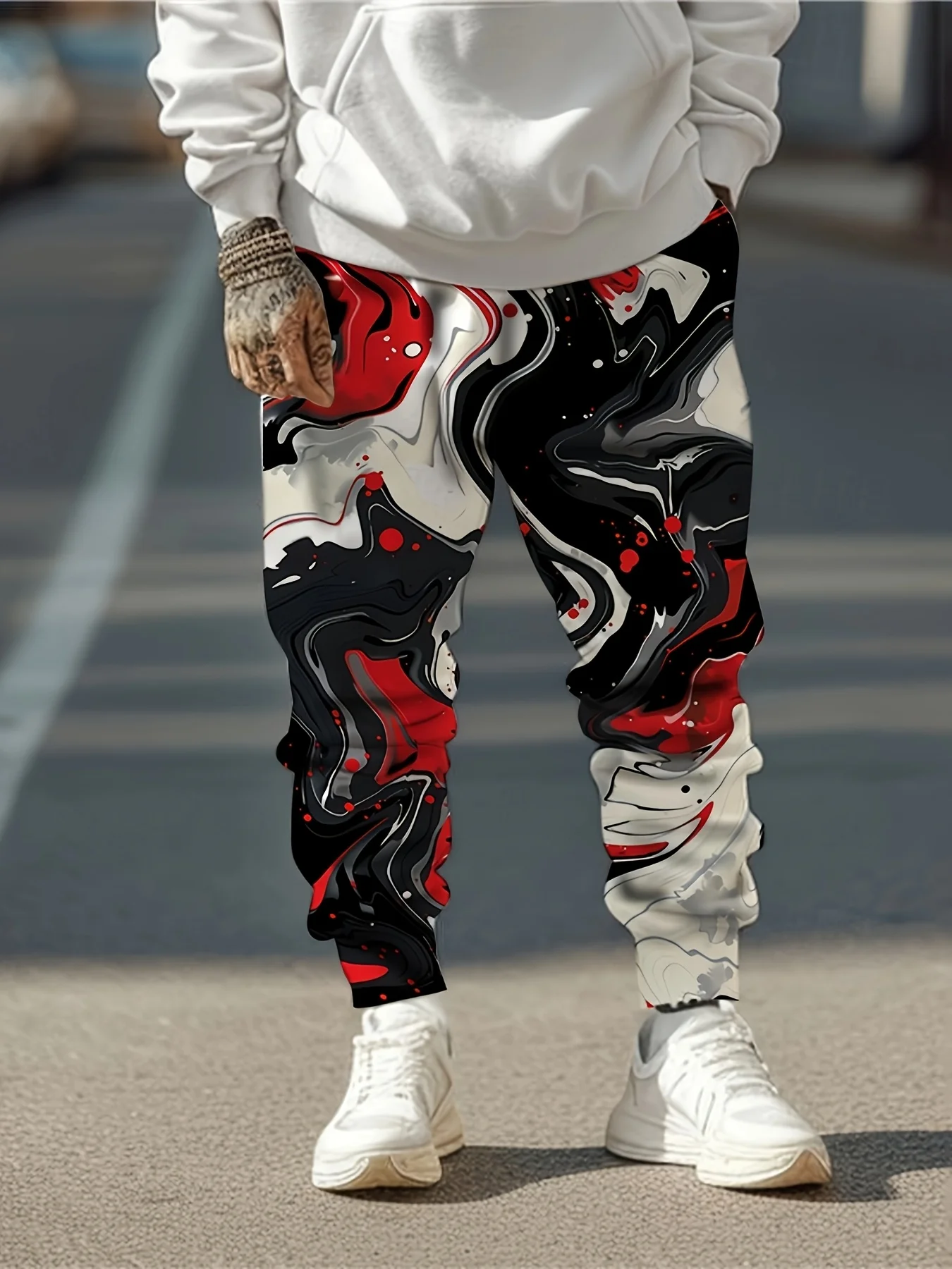 

Fashionable Men's Autumn and Winter New Ink Printed Micro Elastic Comfortable Drawstring Pants Outdoor Street Style Pants