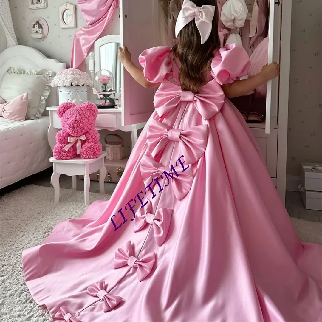 تخصيص القوس نفخة الأكمام ألف خط بلورات فستان فتاة الزهور الرسمي طول الأرض سويب تراين فستان رسمي أول مناولة جديد Cus #1