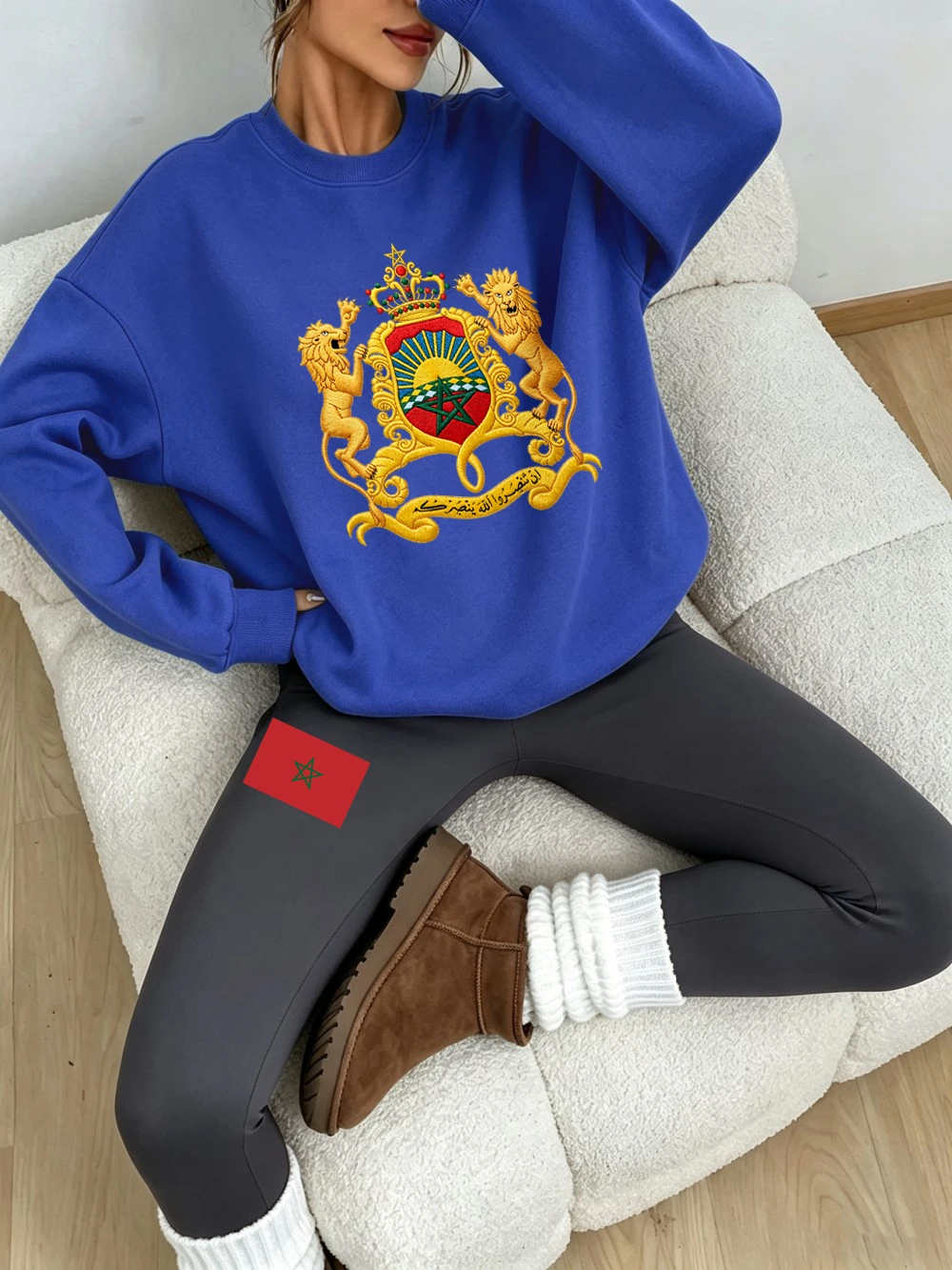 Two‑Piece Outfit Womens Morocco Embroidery Printed Leggings Pant Set Autumn Fleece Thermal Sweatshirt Casual Warm Woman Clothes