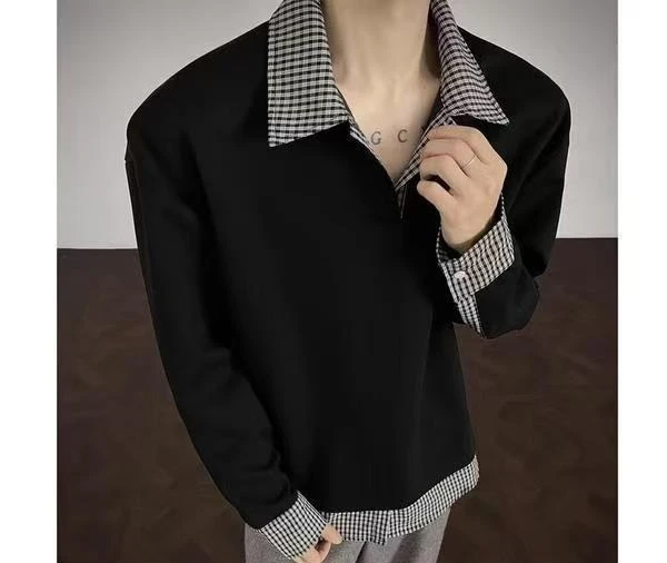 New Fake Two-piece Patchwork Plaid Polo Long Sleeved Sweatshirt for Men, with A Lapel for Autumn and Winter
