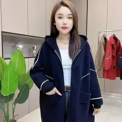 Middle Elderly Chubby Weighing Pounds Loose Imitation Woolen Knitted Pockets Women's Hooded Double-sided Korean Version Coat