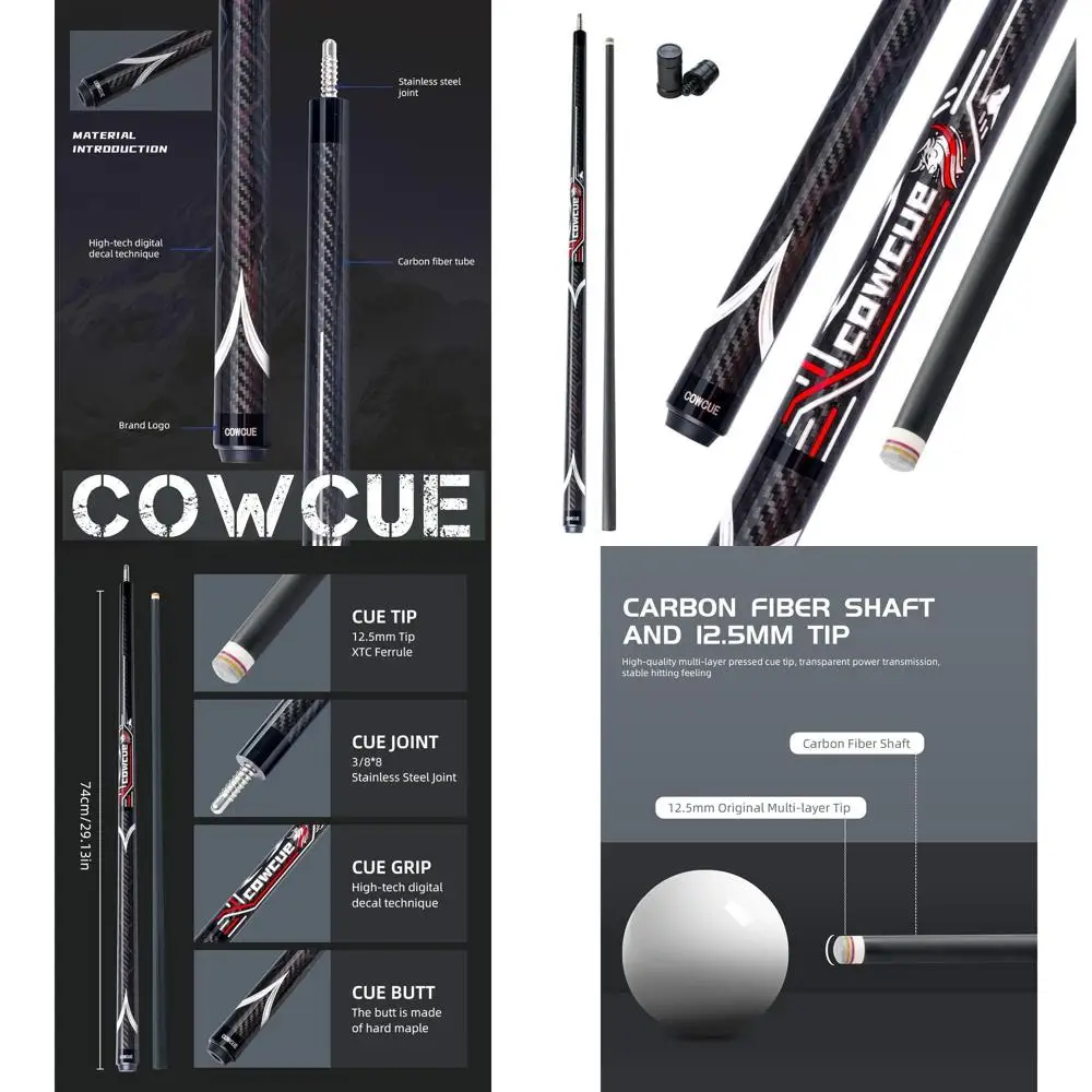 

Professional 58 Carbon Fiber Pool Cue with 12.5mm Tip, 19oz Weight, 3/8x8 Joint for Adult Billiards