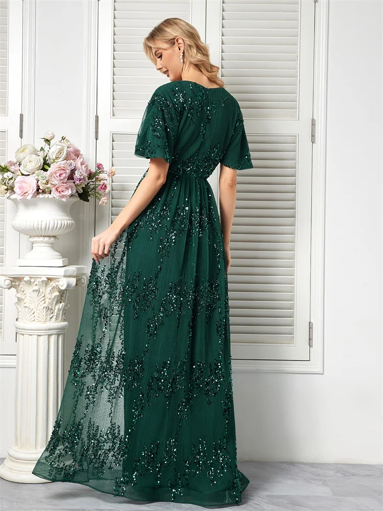 BLUEPLUM-vestido de noche verde brillante con cuello en V para mujer, vestido largo elegante de manga corta para fiesta, graduación, cóctel y graduación