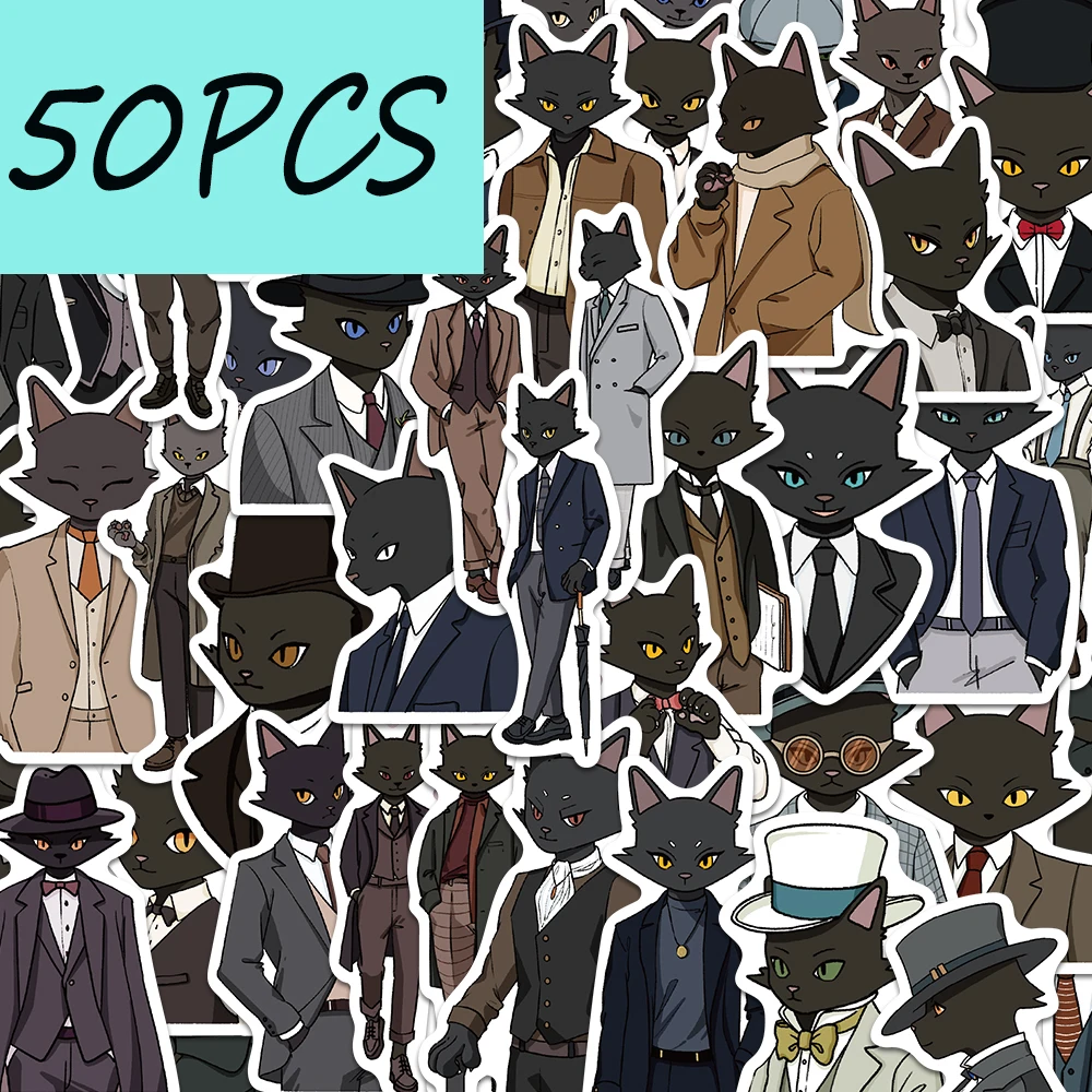 

50PCS Black Cat Gentleman Stickers, suitable for decorating phone cases, water bottles, guitars, waterproof stickers