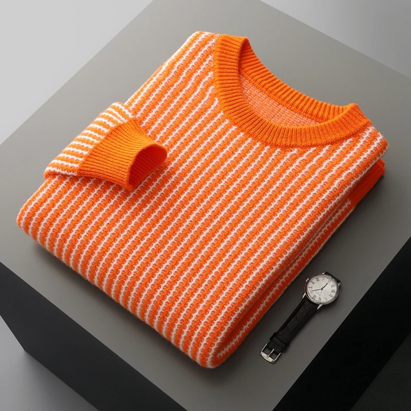 

100% Pure Wool Men's Round Neck Striped Sweater Loose Casual Knit Bottoming Cashmere Sweater Thick Warm Top