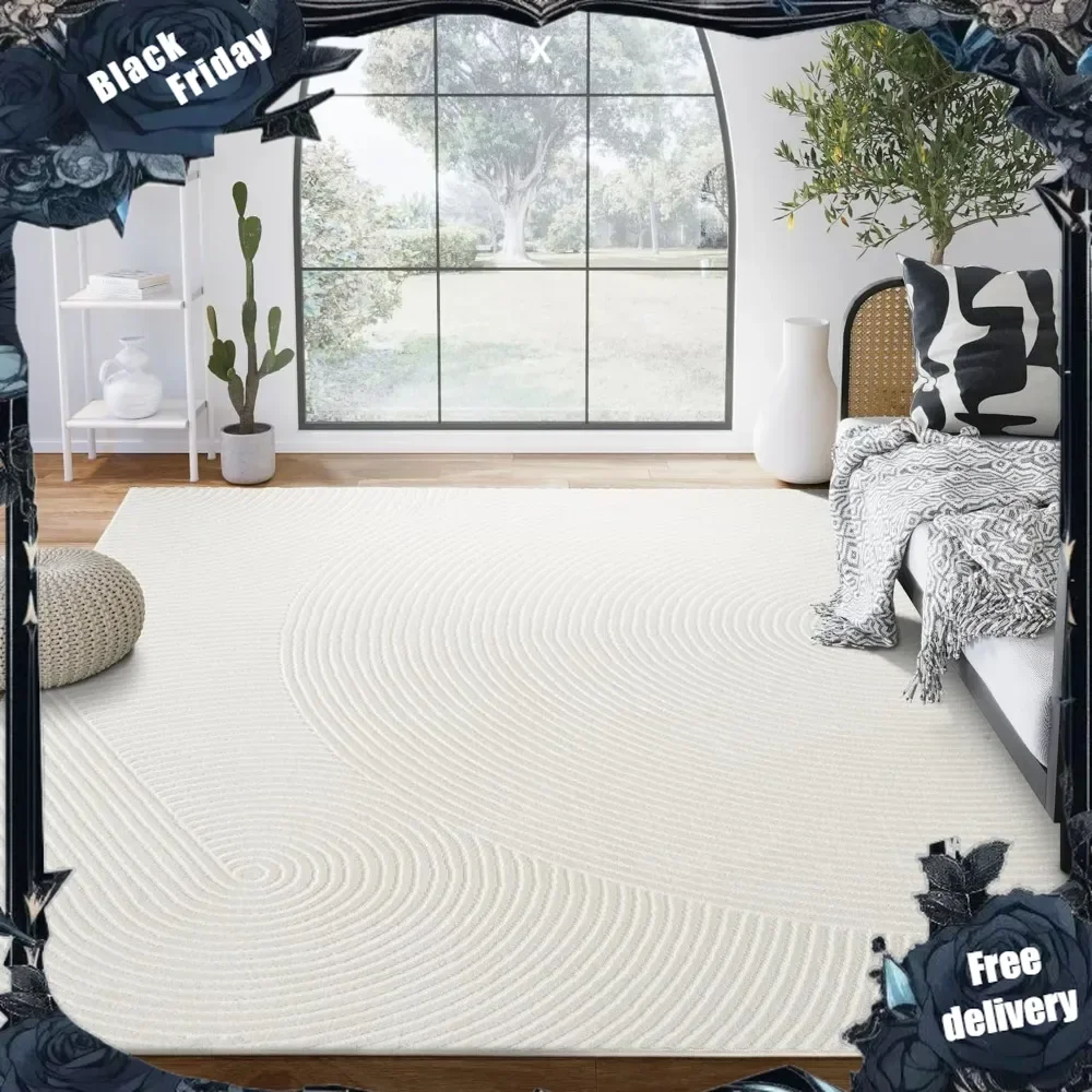 Cream Area Rug for Living Room, Bedroom- Zen Reiki Pattern- 9 x 12 -Durable & Easy to Clean