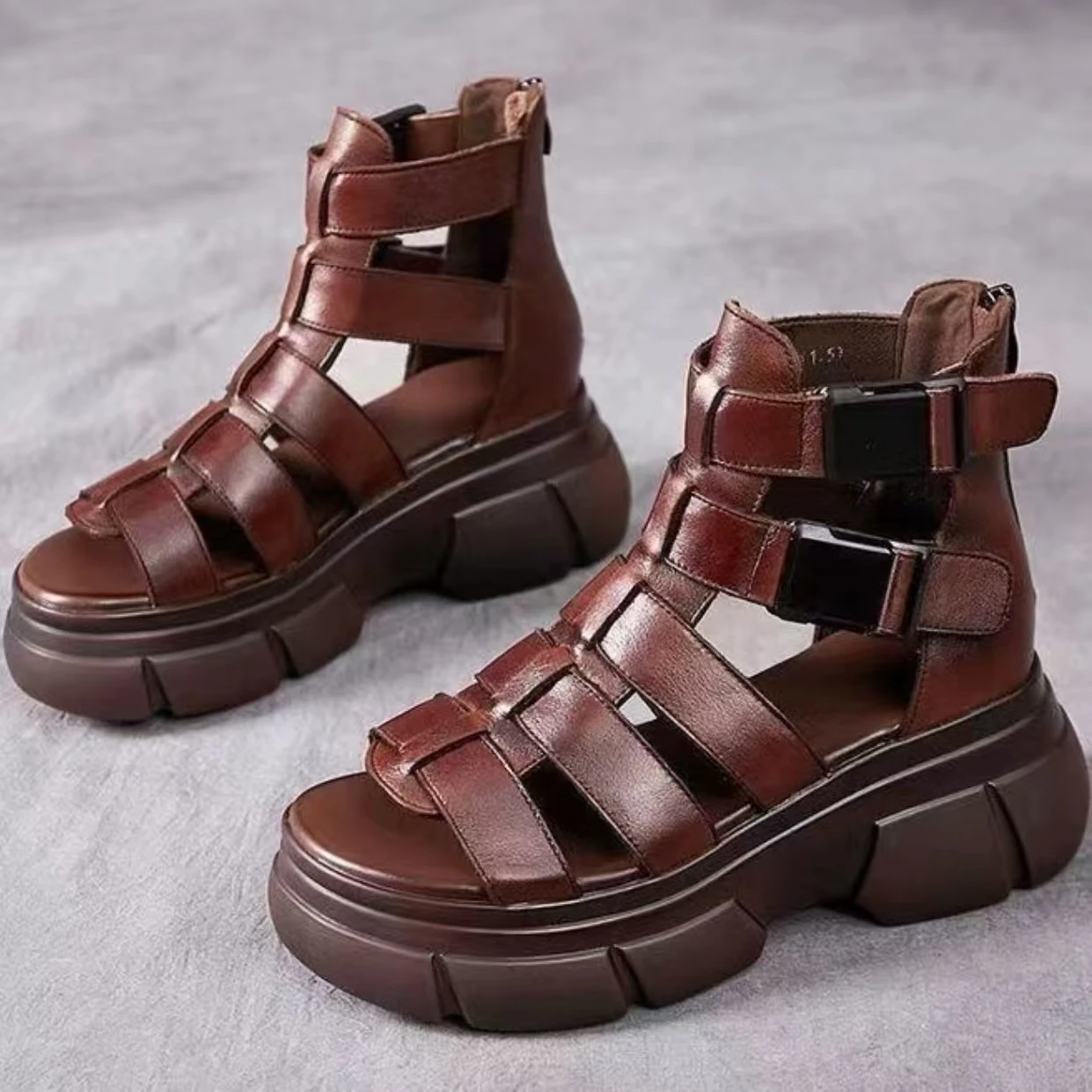 Botines de mujer con cuña, de tiras finas, tejidos y calados, con punta abierta, de suela gruesa, ligeros, de moda, de caña alta, para verano.