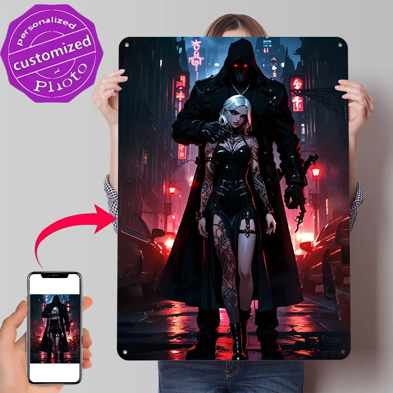 Cyberpunk Couple in Neon City Metal Poster Customized Wall Art Retro Vintage Tinplate Signs for Interior Decoration Living Room