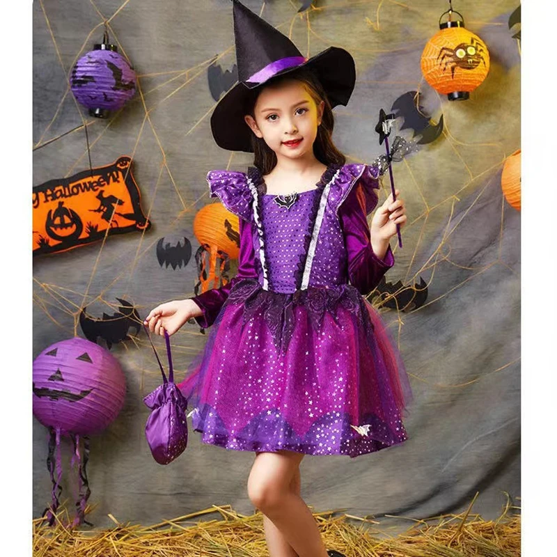 Kids Witch Costume Halloween Cosplay Dress Glittery Princess Dress With Hat For Girls Masquerade Carnival Party Dress Up Clothes