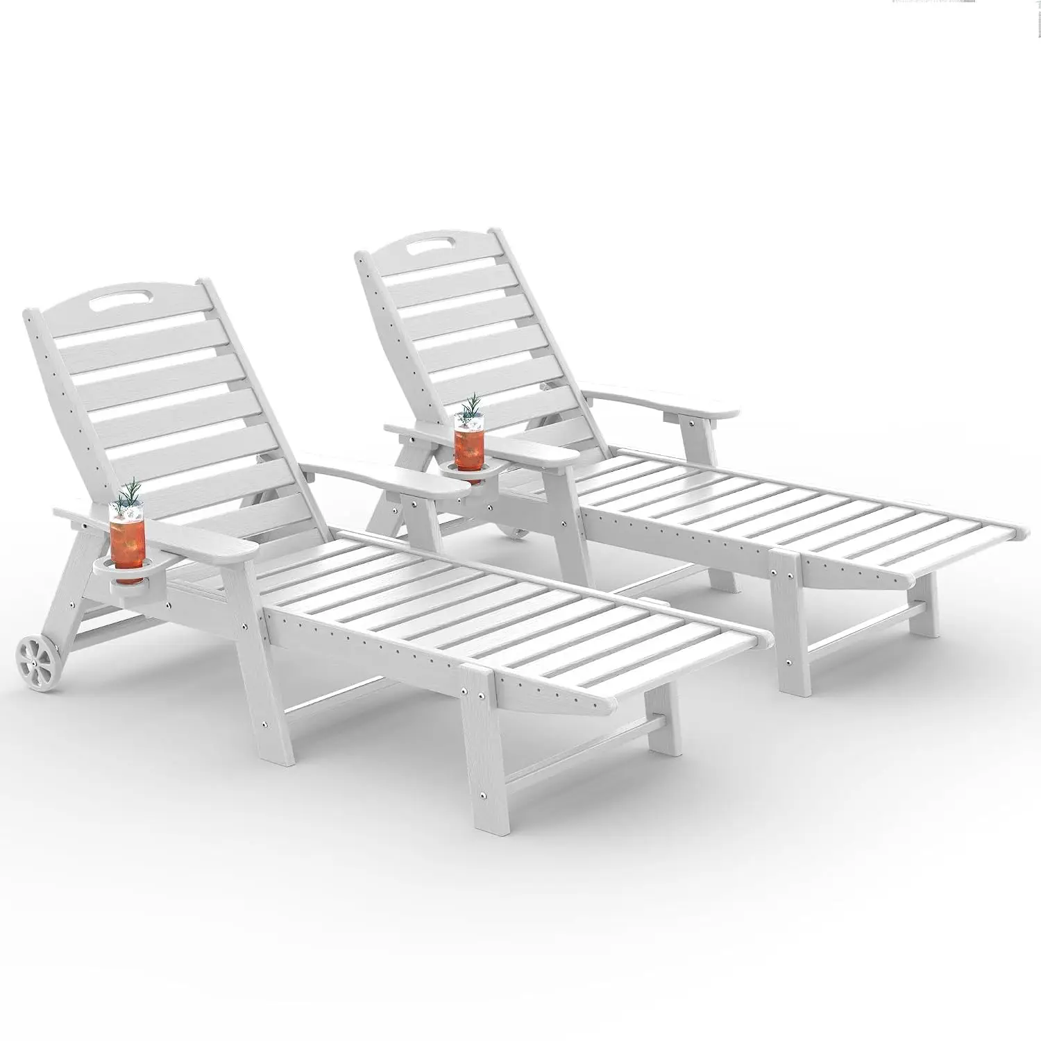 Outdoor Chaise Lounge Set 2, Adjustable 5-Position HDPE Recliner with Wood Texture, Wheels & Cup Holder, White, Customized