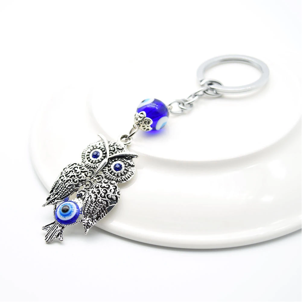 Lucky Eye Alloy Owl Animal Keychain Blue Turkish Evil Eye Pendant Car Key Chain Phone Charm Keyring Jewelry Protection Amulet