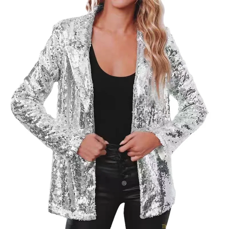 Women\'s Jacket Sequined Outerwears Casual Long Sleeve Blazers Solid Color Harajuku Coats Dance Female Clothing Spring Summer