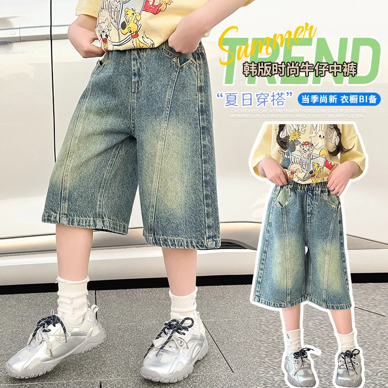 

Girls Mid-Length Shorts Kids Blue Short Jeans Tween Girl Vintage Casual Trousers Kids Short Pants Toddler Cool Denim Ages 4-14Y