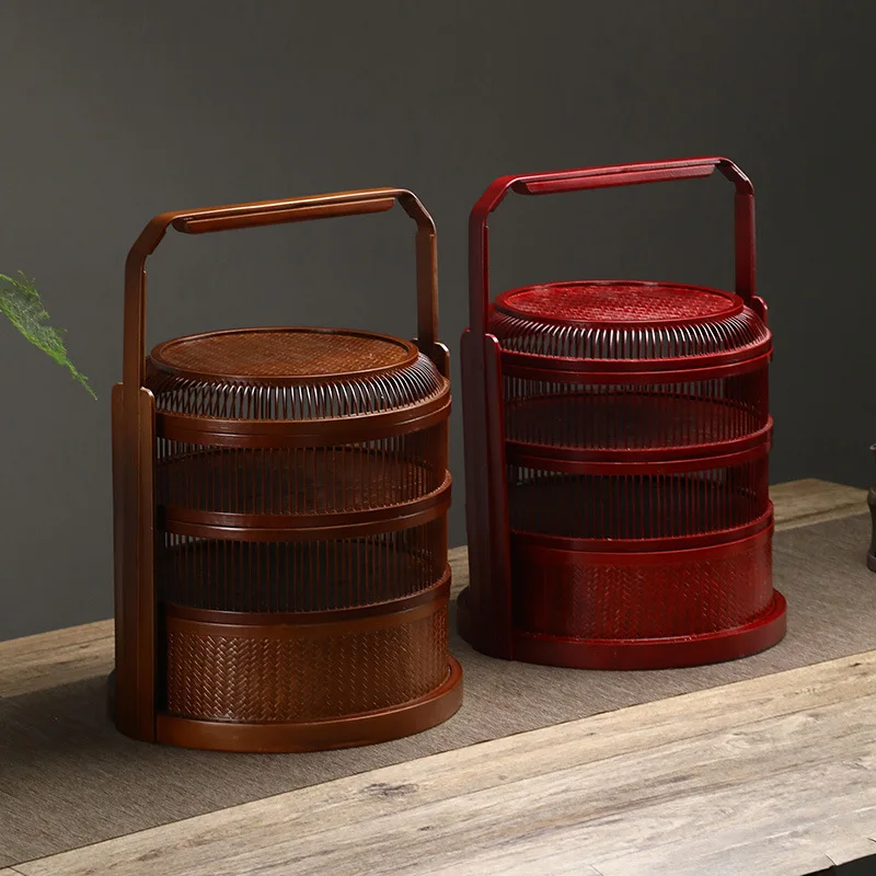 

Bamboo woven food box, double layer, retro, Chinese style, environmental paint, decoration, pastry fruit basket