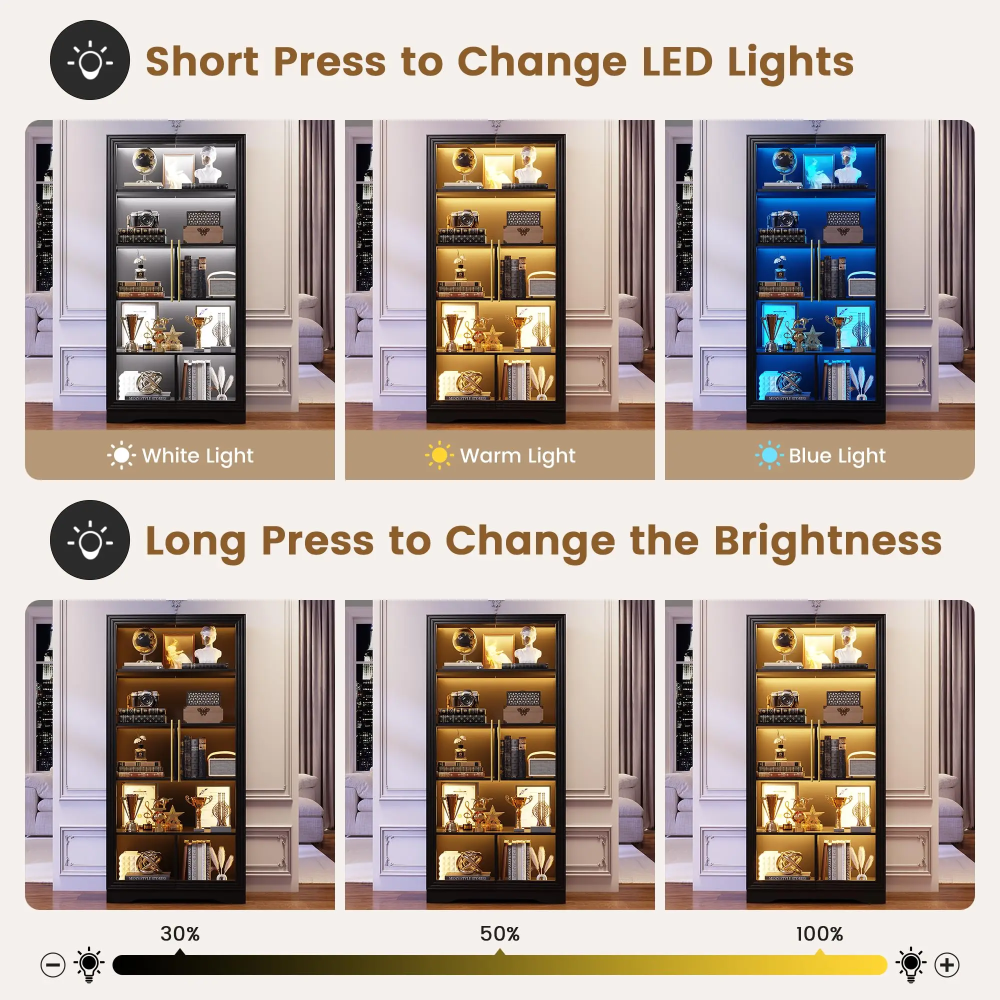 Bookcase with Glass Doors and LED Light, Home Office Bookshelf Black - view 6