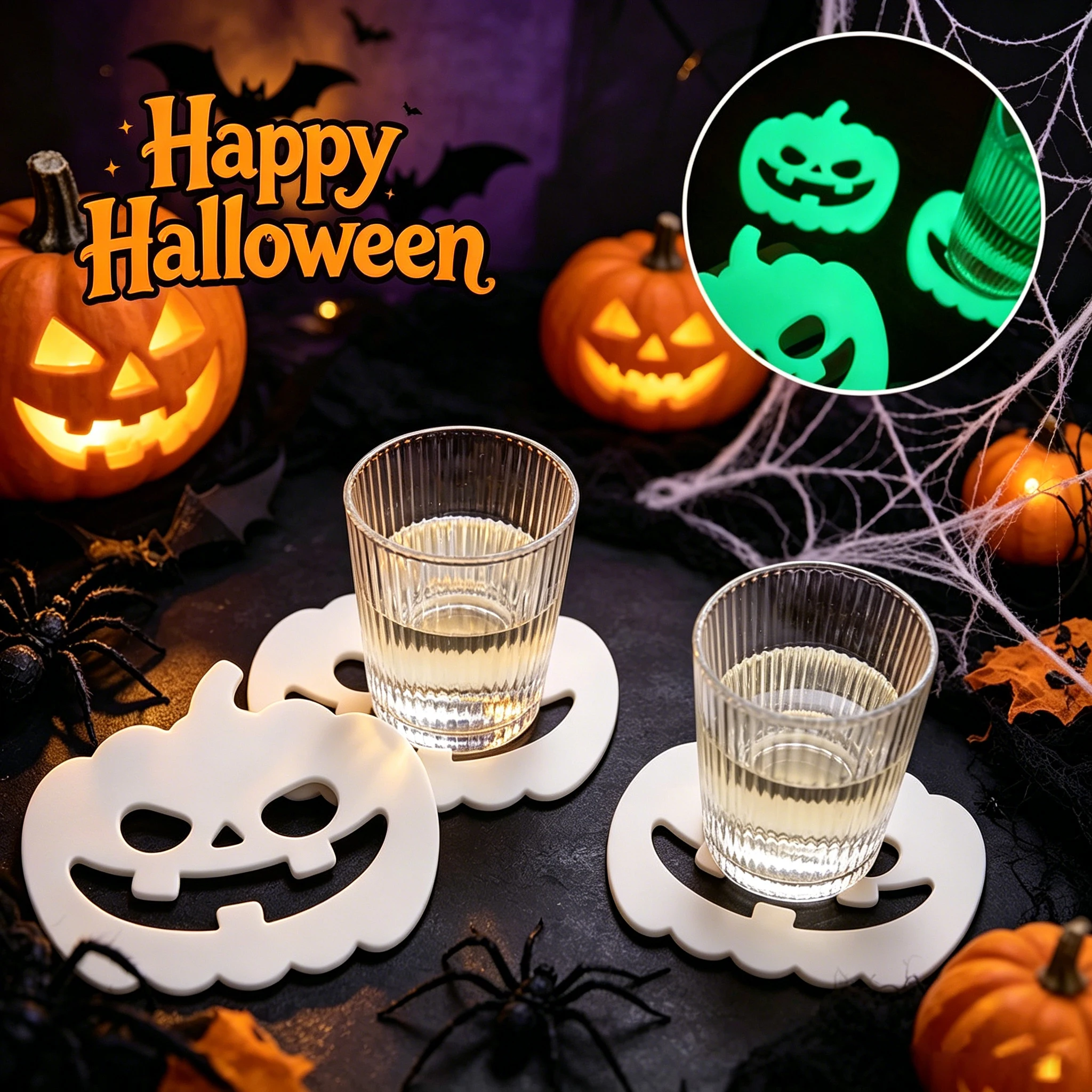 Silicone Glow in Dark Ghost Pumpkin Coasters Heat Resistant Table Placemats Mats for Kitchen Decoration Spooky
