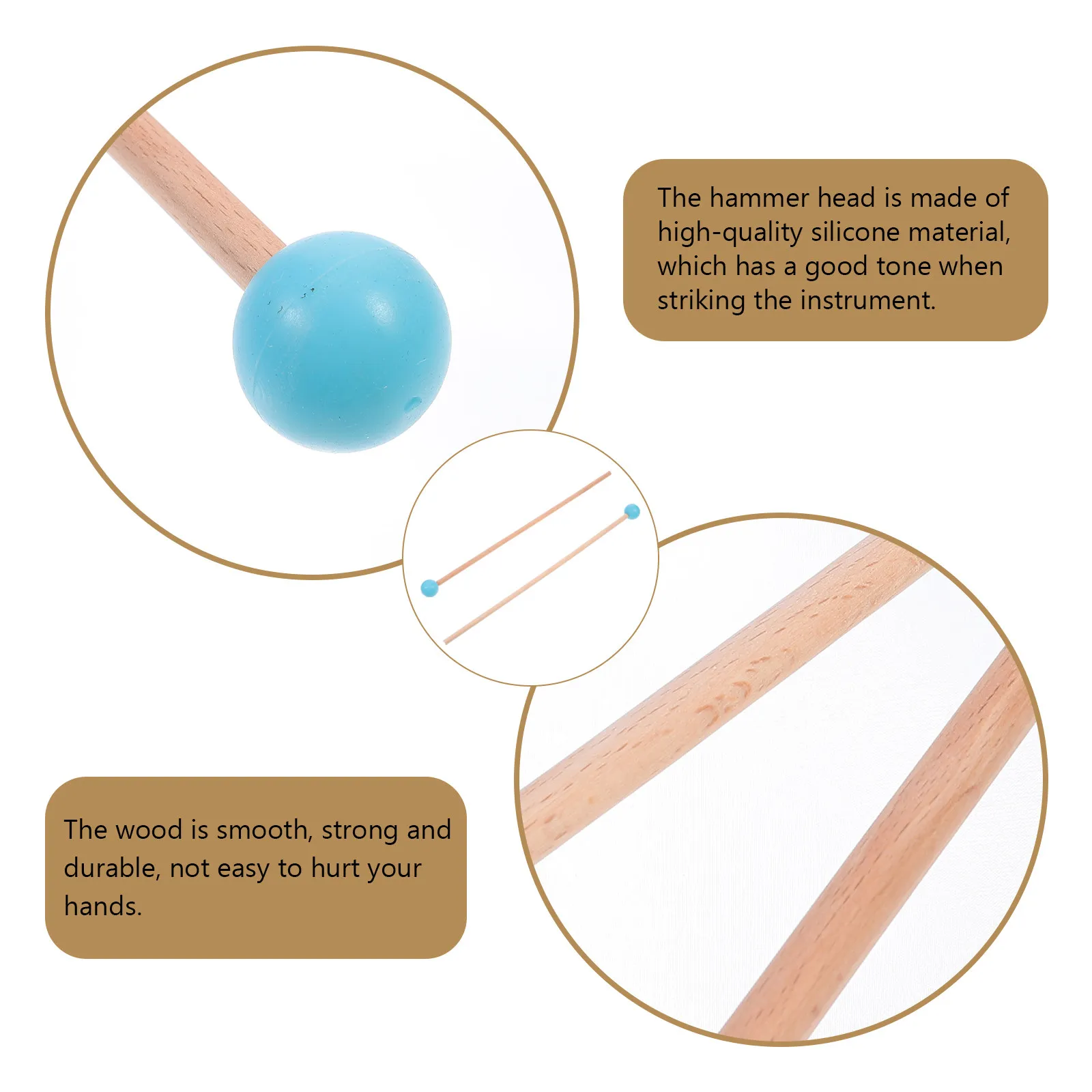 1Pair Marimba Hammer Maple Rod Silicone Head Xylophone Sticks Keyboard Mallet Percussion Stick Round Head Sound Full Gravity