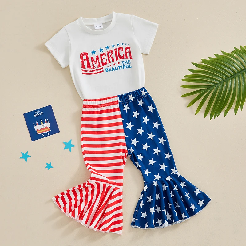 Toddler Girls 4th of July Outfits Letter Print Crew Neck Short Sleeve T-Shirts Stripe Stars Print Flare Pants 2Pcs Clothes Set